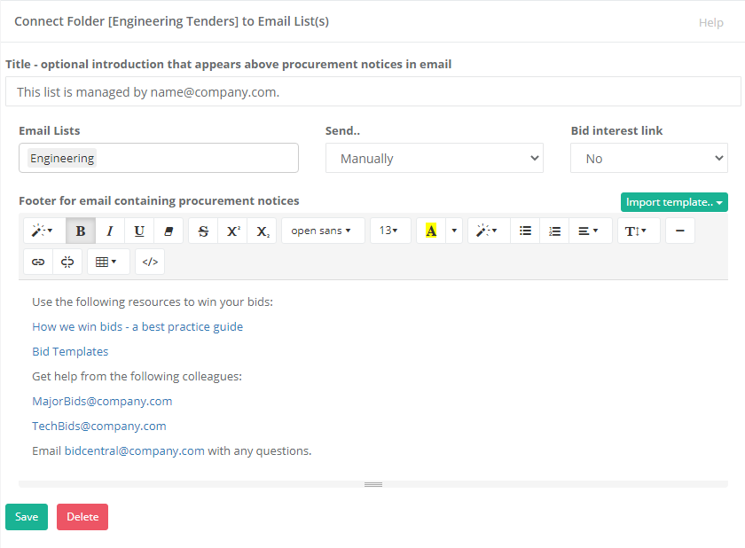 Connect Tenderlake folder to email list