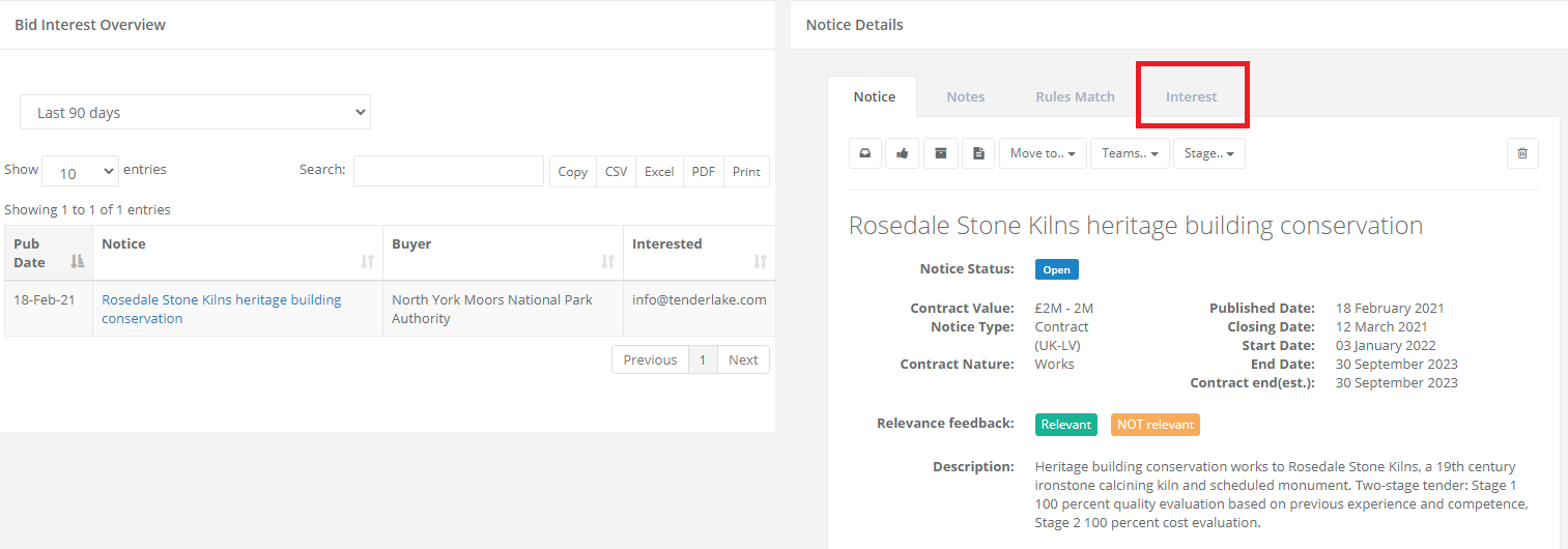 Bid interest overview