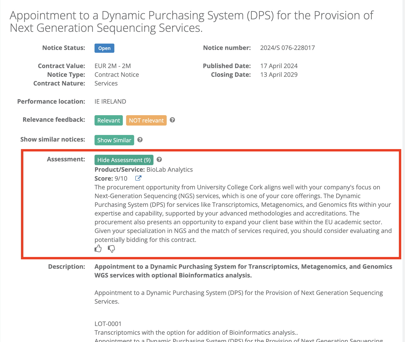 Example of assessment for a relevant procurement notice