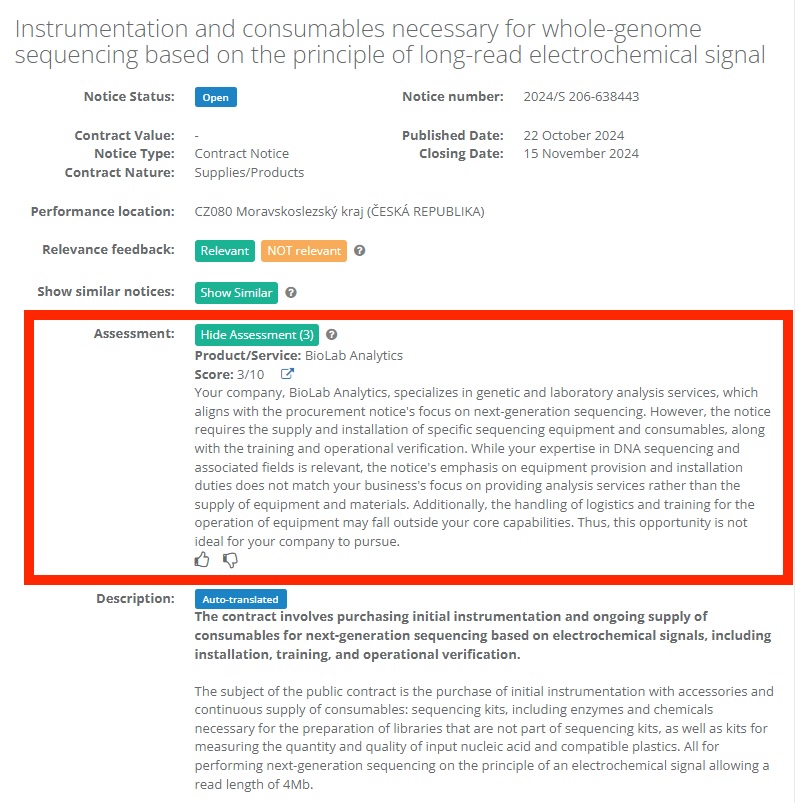 Example of a procurement notice assessed to be not relevant