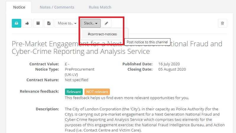 Tenderlake procurement notice with Slack button